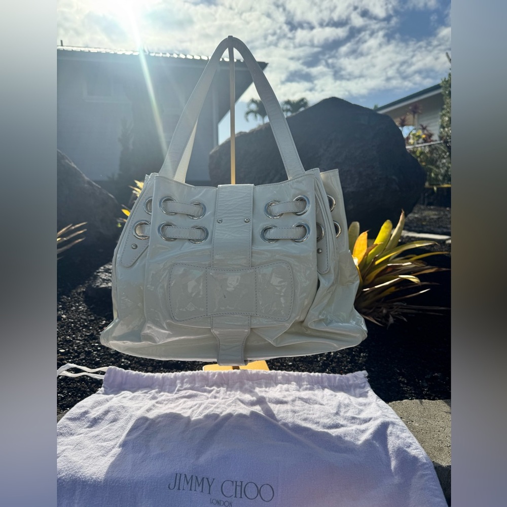 Jimmy Choo Made in Italy White Patent Leather Drawstring Tote - Picture 3 of 17